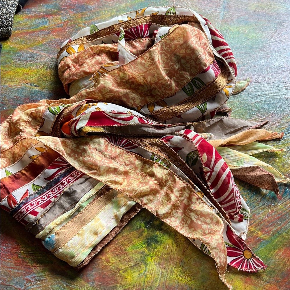 Colorful Striped Panel Scarf Size 75”:9” made of Indian saris hand crafted - Picture 6 of 8